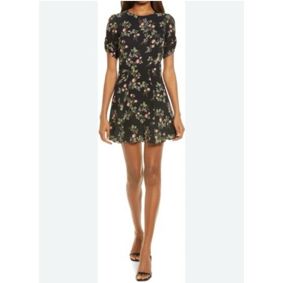 Reformation Size 6 Floral Print Gracie Ruched Sleeve Crepe Skater Mini Dress - Picture 16 of 16